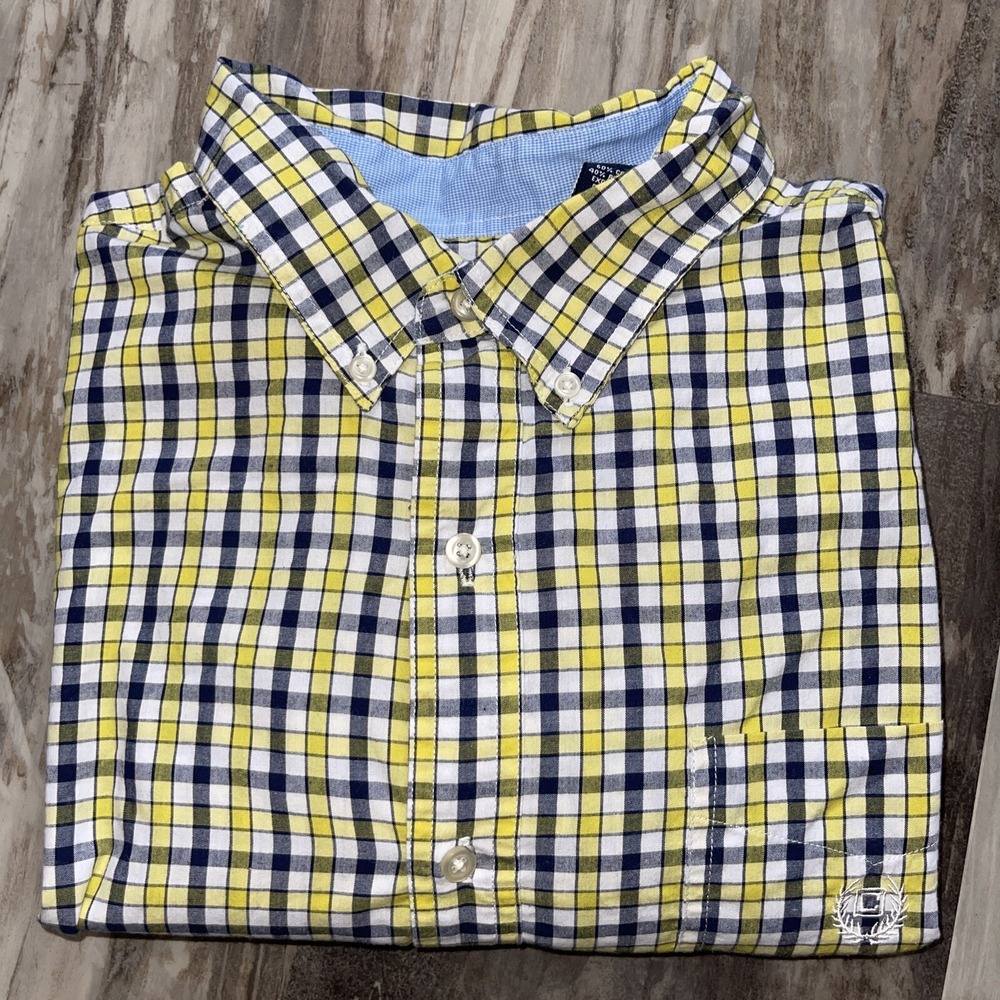 CHAPS Easy Care men's XL plaid shirt button front yellow blue long sleeve preppy